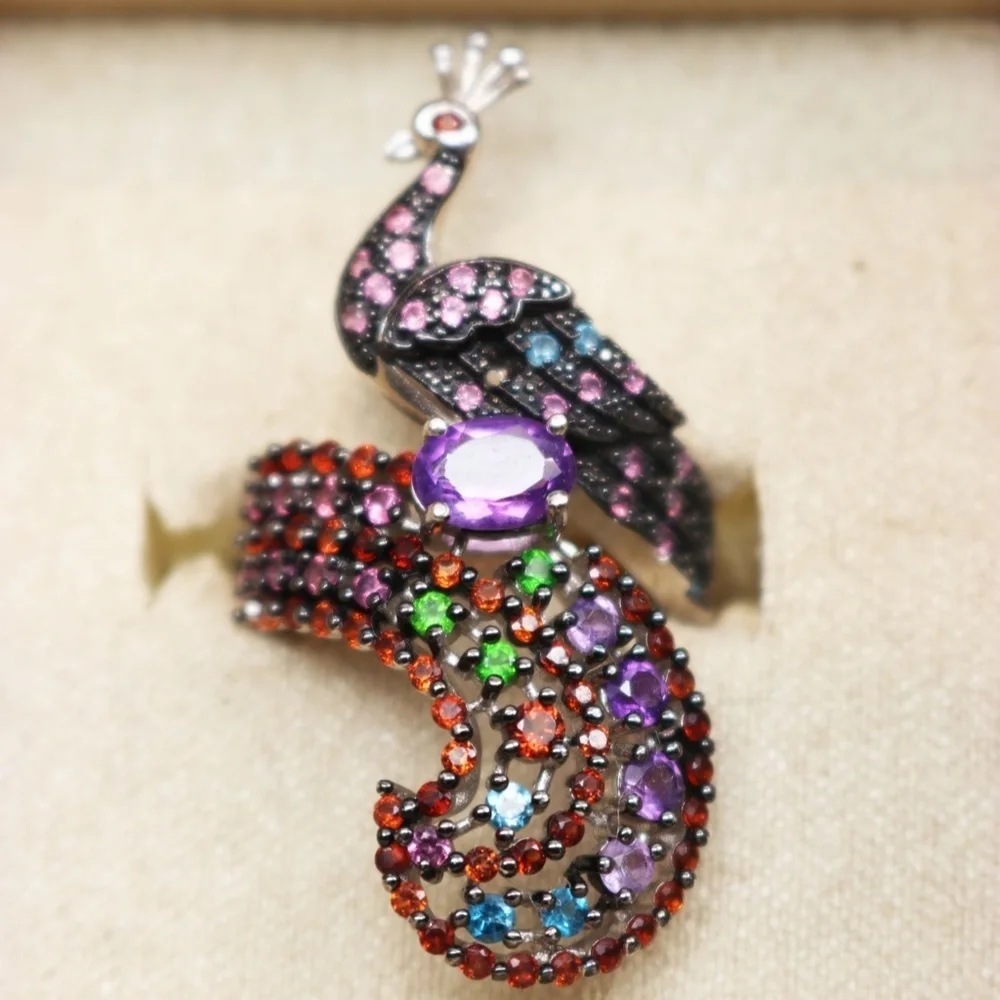 Sterling Silver Peacock Statement Ring Amethyst & Multi Gemstones in Sz 7 💚🦚🩵💍💜